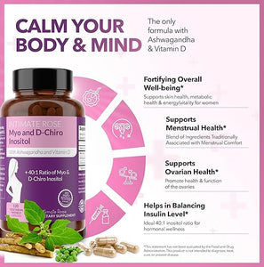 Myo-inositol y D-Chiro Inositol Mezcla 40:1 + Vitamina D3 + Ashwagandha – Cápsula vegana – Equilibrio hormonal y apoyo ovárico saludable para mujeres
