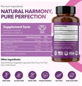 Myo-inositol y D-Chiro Inositol Mezcla 40:1 + Vitamina D3 + Ashwagandha – Cápsula vegana – Equilibrio hormonal y apoyo ovárico saludable para mujeres