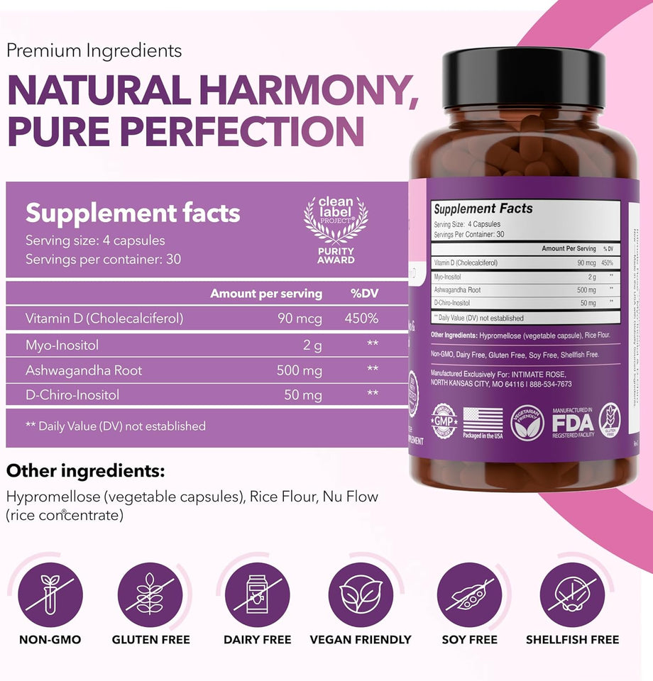 Myo-inositol y D-Chiro Inositol Mezcla 40:1 + Vitamina D3 + Ashwagandha – Cápsula vegana – Equilibrio hormonal y apoyo ovárico saludable para mujeres